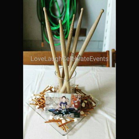 Drummer Party Centerpieces, Marching Band Centerpieces Table Decorations, Drummer Graduation Party, Drum Centerpiece Ideas, Drum Birthday Party, Graduation Open House Decorations, Music Party Centerpieces, Larry Wedding, Drum Party