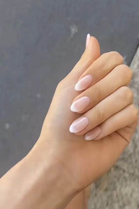 french tip nails Natural Look French Tip Nails, Barely There French Nails, Almond French Tip Dip Nails, Wedding Ombré Nails, Lady Nails Classy, Ombré Neutral Nails, Bridal Nails Wedding Elegant White Pink, Wedding Day Nails For Bridesmaids, Delicate French Tip Nails