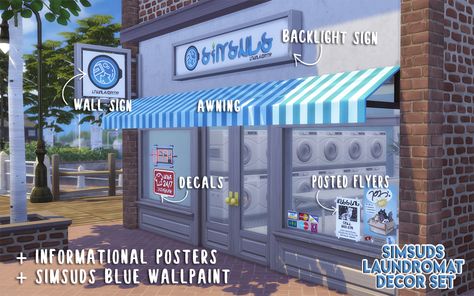 SimSuds Laundromat Decor Set Sims 4 Laundry Mat, Bloxburg Laundromat Exterior, Sims 4 Laundromat Cc, Laundromat Bloxburg, Sims 4 Laundromat, Laundromat Decor, Sims 4 Laundry Room, Sims Architecture, Be Kind To One Another