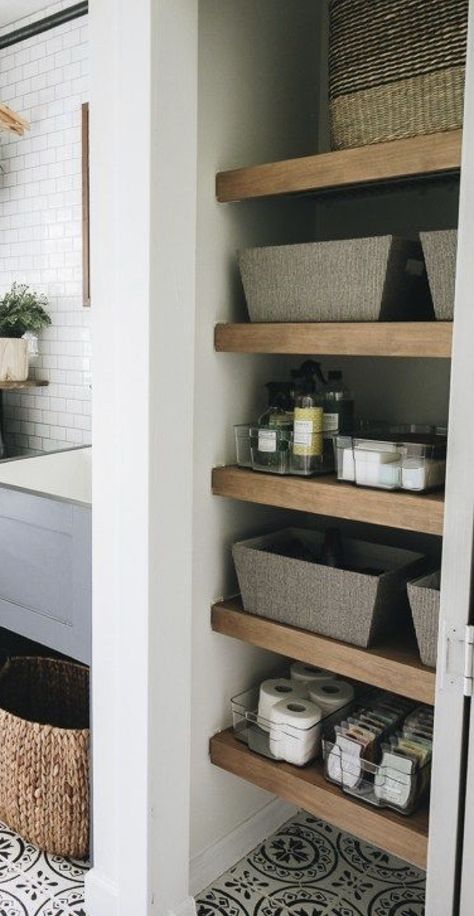 Shelving Ideas Bathroom, Bathroom Shelf Decor Ideas, Bathroom Shelving Ideas, Shelf Decor Ideas, Bathroom Closet Organization, Open Bathroom, Transitional Living Room, Bathroom Shelving, Bathroom Shelf Decor