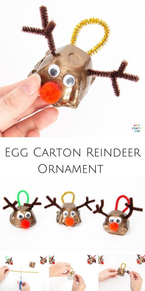 How to Make an Egg Carton Ornament - A fun and easy Christmas craft for kids that uses recyclable materials. Kids Christmas Craft, Carton Craft, Easy Kids Christmas, Recycled Christmas Decorations, Easy Christmas Craft, Kids Christmas Crafts Easy, Reindeer Craft, Easy Christmas Ornaments, Christmas Crafts For Toddlers