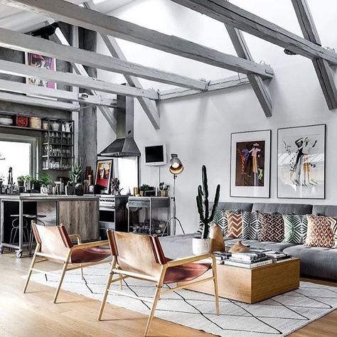 Elevate your living room with beams. CLICK THE LINK IN THE HIGHLIGHT TO FIND OUT MORE! #decorate #decor #interiorinspiration #interiordesign #interiordecorating #interiorforinspo #interiorwarrior #interiorstyling #interiorandhome #interiorlovers #interiorforyou #interiordesire #interiorstyle #interiorinspo #interiordecor #instaliving #interiors #inspohome #homedeco #homedecorating #homeinspiration #homeinspo #homeideas #homedesign #decorblog #marcialovesit Indoor Courtyard, Gravity Home, Loft Interior, Loft Industrial, Attic Apartment, Industrial Livingroom, A Living Room, Wood Flooring, Apartment Interior Design