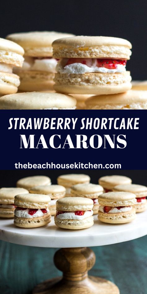 These Strawberry Shortcake Macarons are the classic summer dessert wrapped up in a tasty French macaron! They aren't that hard at all and believe it or not they are really fun to make. And while you are waiting for the macarons to rest before baking you can make your filling. Yup, just like that! Carrot Cake Macarons, French Desserts Recipes, French Macaroons Recipe, Macarons Flavors, French Macarons Flavors, Making Macarons, French Macaroon Recipes, Macaroons Recipe, Macarons Recipe