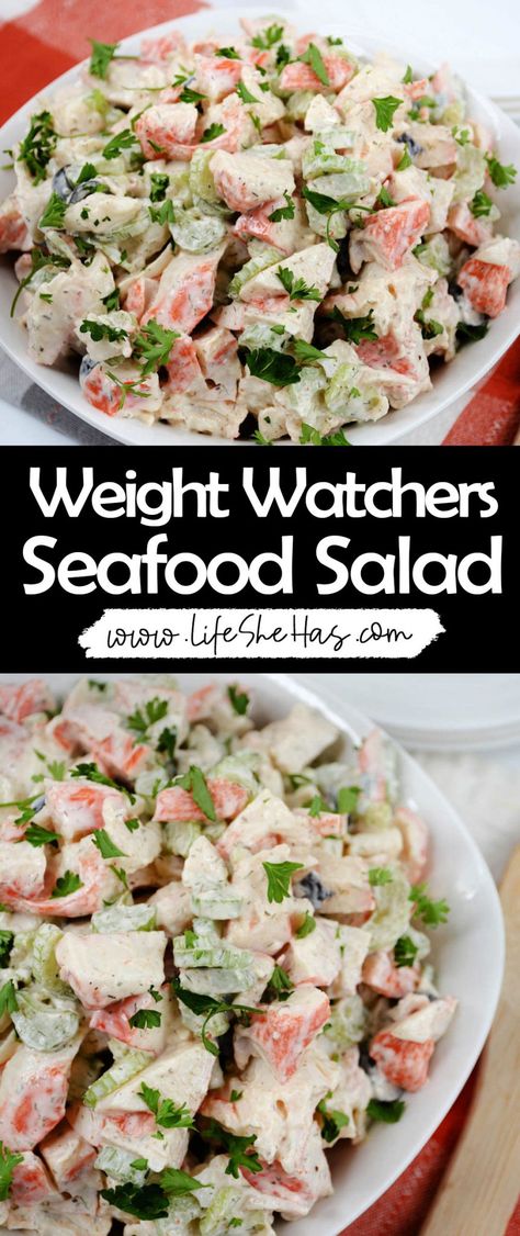 Seafood Salad - Life She Has Weight Watchers Seafood Salad, Cottage Cheese Shrimp Salad, Low Calorie Crab Salad, Healthy Seafood Salad Recipes, Weight Watchers Crab Salad, Homemade Seafood Salad, Crab Healthy Recipes, Crab Salad Healthy, Bariatric Crab Salad