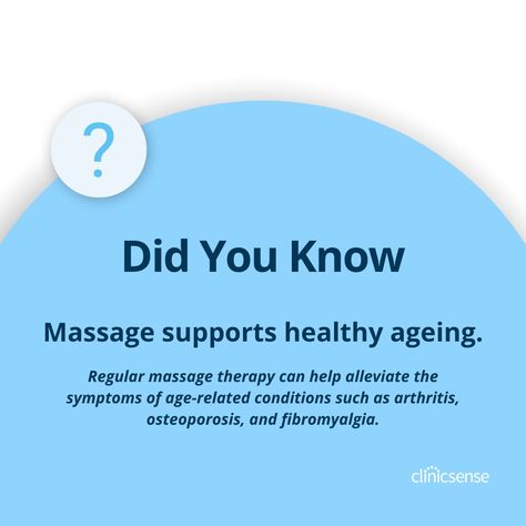 Massage therapy does this by reducing pain, improving flexibility, and enhancing overall well-being. It can also promote a sense of vitality and youthfulness as we age. 🍏 #massagetherapy #massagebenefits #healthyageing #clinicsense Improving Flexibility, Therapy Fun, Massage Benefits, Improve Flexibility, Look Younger, Massage Therapy, Well Being, Fun Facts, Massage