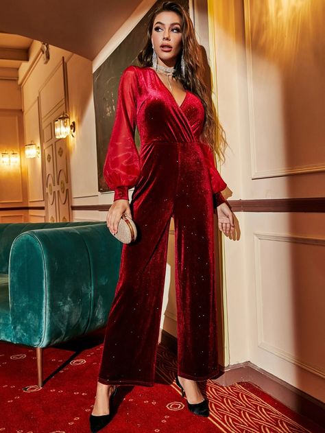 Velvet Jumpsuit, Jumpsuit Party, Fashion Materials, Red Jumpsuit, Indian Fashion Dresses, Jumpsuit Fashion, Shein Style, Feminine Outfit, Lantern Sleeves