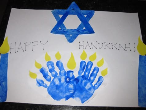 Child's handprints make a one-of-a-kind menorah. Great keepsake for parents! Hanukkah Preschool, Hannukah Crafts, Hanukkah Art, Hanukkah For Kids, Jewish Crafts, Hanukkah Crafts, December Crafts, Preschool Christmas, Family Crafts