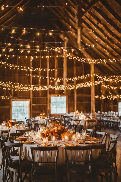 Fall wedding theme: Rustic barn wedding with fall decor #fallwedding #fallweddingtheme #fallweddingideas #fallweddingstyling #fallweddingreception #fallweddingtrends #autumnwedding #autumnweddingideas #autumnweddinginspiration #barnwedding #barnfallwedding #rusticwedding #rusticfallwedding #rusticweddingideas November Farm Wedding, Autumn Country Wedding, Fancy Barn Wedding, Small Barn Wedding Ideas, Barn Wedding Color Scheme, Autumn Wedding Aesthetic, Fall Colored Wedding, Barn Reception Decorations, October Wedding Decor