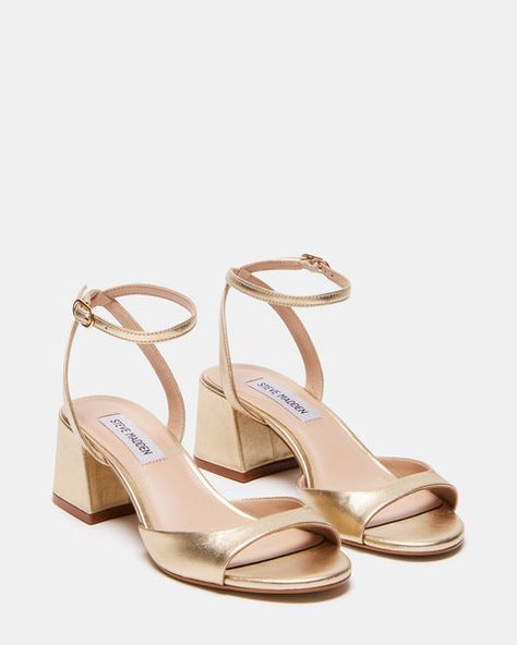 MYRA Gold Leather Strappy Block Heel | Women's Heels – Steve Madden Gold Low Heels, Quince Stuff, Wedding Mexico, Gold High Heels, Strappy Block Heels, Steve Madden Store, Apparel Merchandising, Gold Sandals, Prom Shoes