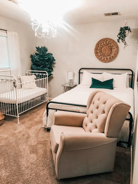 Combined Bedroom And Nursery, Bedroom With Babyroom, Neutral Nursery Guest Room Combo, Guest And Nursery Combo, Master Room With Nursery, Full Size Bed And Crib Shared Room, Nursery Layout With Bed, Nursery Guest Bedroom Combo, Nursery And Guest Room Combo Small Spaces