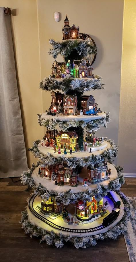 Christmas Village Display Tree, Bright Cottage, Rotating Christmas Tree, Christmas Tree Village Display, Diy Christmas Village Displays, Christmas Tree Train, Kitchen Sanctuary, Display Tree, Christmas Tree Village