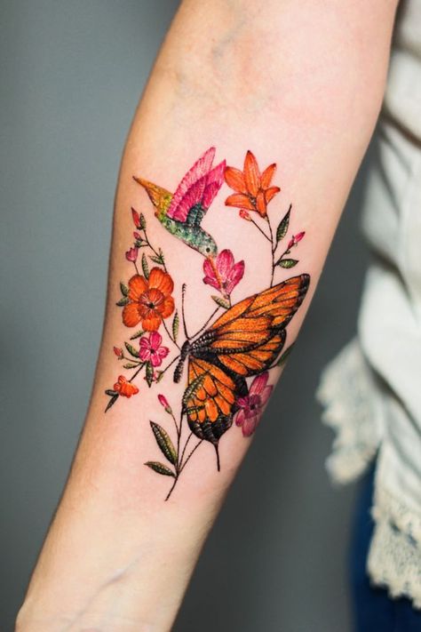 Colorful Hummingbird Tattoo, Hummingbird Flower Tattoos, Monarch Tattoo, Hummingbird Embroidery, Matching Tattoos For Couples, Couple Tattoo Ideas, Monarch Butterfly Tattoo, Colorful Butterfly Tattoo, Ring Tattoo Designs