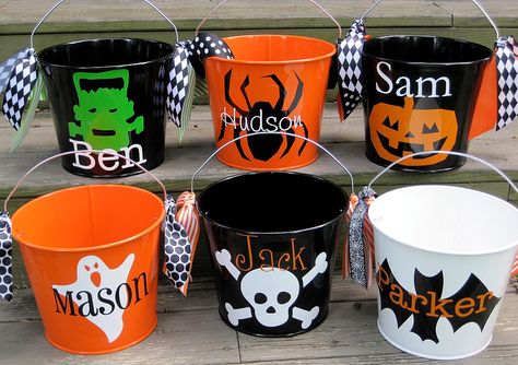 I love these for Christmas gifts-- to make Personalized Halloween Bucket, Halloween Trick Or Treating, Trick Or Treat Bucket, Treat Bucket, Halloween Baskets, Halloween Buckets, Cricut Halloween, Halloween Party Favors, Halloween Bags