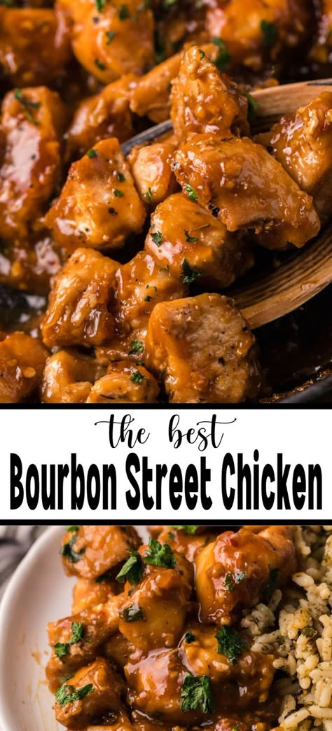 A closeup of a spoonful of Bourbon Street Chicken on top of a plateful with rice. Best Bourbon Chicken Recipe, Slow Cooker Bourbon Chicken, Burbon Chicken, Bourbon Street Chicken, Street Chicken, Street Recipes, Bourbon Chicken Crockpot, Chicken Seasoning Recipes, Bourbon Chicken Recipe