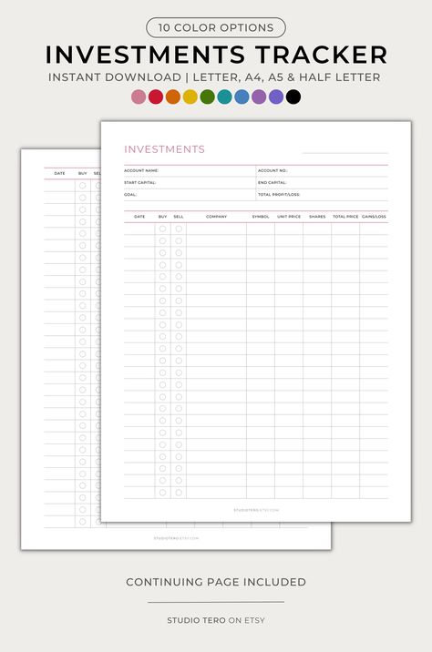 Investments Tracker teacherplannerprintable #freedailyplannerprintable #productiveplanner Investment Planner, Investment Tracker, Stock Investment, Wedding Budget Planner, Planner Writing, Stock Portfolio, Thrifty Living, Budget Planner Printable, Free Budget