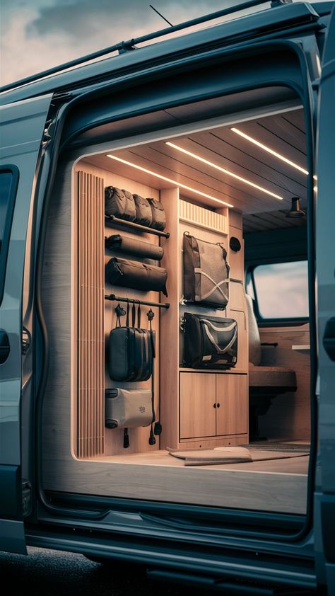 A Scandinavian-designed gear wall with clean lines and minimalist storage in an adventure van. Table Flips, Camper Furniture, Van Organization, Luxury Rv Living, Mercedes Camper, Gear Wall, Camper Interior Design, Van Racking, Tiny House Camper