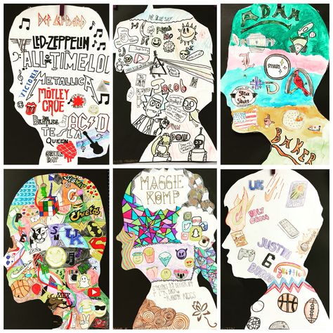 Self Image Art Projects, All About Me Silhouette Art, Art Class Self Portrait Ideas, Self Portrait Projects For Middle School, Identity Portrait, Elementary Self Portrait Project, Grade 5 Self Portraits, Sel Art, Self Portrait Art Lesson Elementary