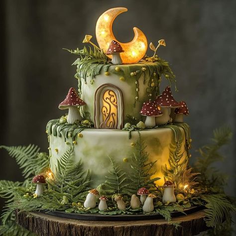 Wedding Cake Mushroom, Fairy Tale Cupcakes, Dark Forest Birthday Party, Fairy Tail Wedding Cake, Fantasy Cakes Birthday, Whimsical Cake Ideas, Fantasy Cake Ideas, Enchanted Forest Cake Ideas, Vintage Fairy Cake