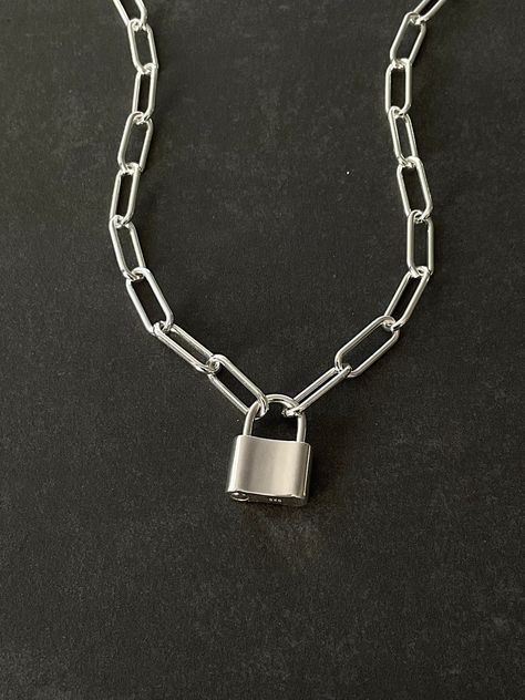 "Solid Sterling Silver Padlock and Paperclip Cable Chain Necklace - Solid Sterling Silver Paperclip Cable Chain Link size: Length 15.5mm x width 6mm. (PLEASE SEE PHOTOS FOR EXACT SIZE OF CHAIN LINKS)- Solid Sterling Silver Padlock Clasp width 14mm x 20mm *All material is in SOLID sterling silver. It is not plated and not filled. The chain links are rounded and not flat. Lengths: 15\" to 36\" Free shipping in United States and free gift wrapping. Ships within 1 business day. Take a look inside my Padlock Necklace, Paperclip Chain Necklace, Cable Chain Necklace, Lock Necklace, Toggle Necklace, Silver Chain Style, Chain Links, Pretty Necklaces, Bling Rings