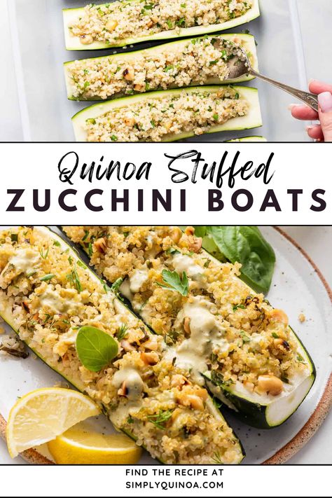 Try these Stuffed Zucchini Boats. These quinoa stuffed zucchini boats are filled with fresh herbs, quinoa, and a lemon tahini sauce. This is a quick and easy weeknight meal and great in the summer with all of the fresh zucchini from the garden! Quinoa Zucchini Boats, Quinoa Stuffed Zucchini Boats, Zucchini Quinoa, Vegan Popsicles, Lemon Tahini Sauce, Stuffed Zucchini Boats, Fresh Zucchini, Chomp Chomp, Simply Quinoa