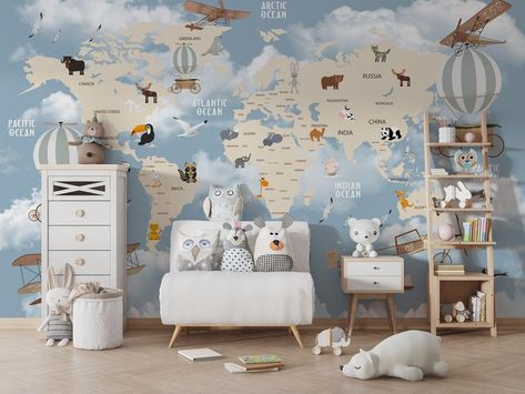 Learning Wallpaper, Map Mural, World Map Mural, Animal Learning, Kids World Map, Herringbone Wallpaper, Map Murals, Palm Leaf Wallpaper, Adventure World