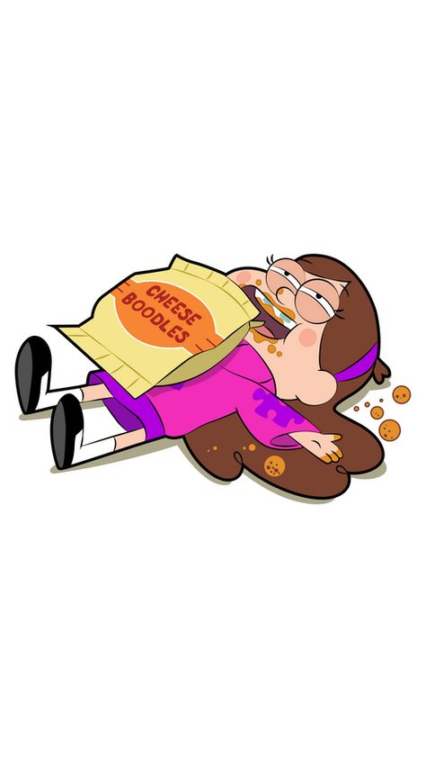 Cute Mabel Pines loves delicious Cheese Boodles that she ate so much and now she can't get up! The cartoon Gravity Falls sticker with Mabel Eating Cheese Boodles!. Cute Eating Cartoon, Eat Cartoon, Eating Sticker, Cartoon Eating, Cartoons Eating, Gravity Falls Mabel, Gravity Falls Characters, Mabel Pines, Art Jokes