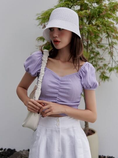 Chinese Fancy Dress, Birthday Outfit For Women, Purple Crop Top, Puff Sleeve Crop Top, Cropped Shirt, Lilac Color, Women T Shirts, Running Tops, Knit Crop Top