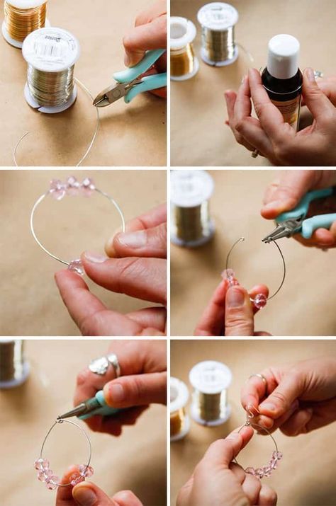 DIY Wire Hoop Earrings | Hello Glow Beading Bracelets, Anting Manik, Wire Hoop Earrings, Wire Jewelry Making, בר מצווה, Earring Tutorial, Tiny Diamond, Homemade Jewelry, Jewelry Making Tutorials