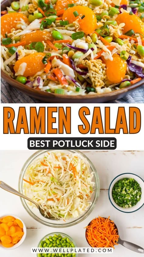 A fresh HEALTHY version of the ridiculously amazing Asian ramen salad made with better, fresher ingredients! With crunchy cabbage coleslaw, mandarin oranges, almonds, and the signature ramen noodles, this oriental salad is ADDICTIVE. The perfect side dish for any potluck! Everyone will be asking for the recipe! #wellplated #ramensalad #asianramensalad Recipes With Mandarin Oranges, Asian Ramen Noodle Salad, Asian Ramen Salad, Cabbage Coleslaw, Asian Ramen, Fresh Basil Recipes, Asian Salad Recipe, Ramen Salad, Ramen Noodle Salad