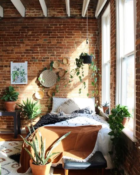 Lots Of Plants, Brick Walls, Loft Design, Future Apartment, My New Room, Dream Bedroom, New Apartment, Bedroom Inspo, Apartment Ideas