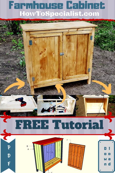 How to Build a Farmhouse Kitchen Cabinet | HowToSpecialist - How to Build, Step by Step DIY Plans Outdoor Cabinet Diy, Diy Cabinets Build, Farmhouse Style Kitchen Cabinets, Rustic Kitchen Cabinet, Farmhouse Kitchen Cabinet, Pallet Cabinets, Build A Farmhouse, Kitchen Cabinets Materials, Kitchen Cabinet Plans