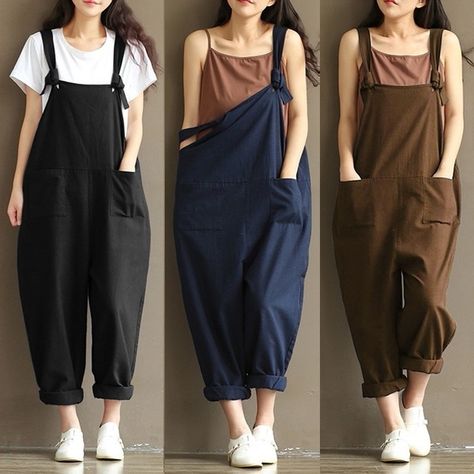 Suspenders Casual, Loose Linen Pants, Sweat Vintage, Overalls Plus Size, Celana Fashion, Womens Jumpsuits Casual, Harem Trousers, Jumpsuit Casual, Solid Jumpsuit