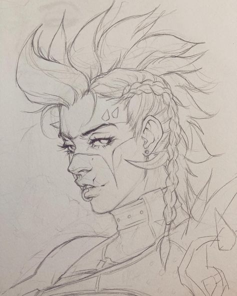 How To Draw Mohawk, Overwatch Drawings Sketch, Overwatch 2 Art, Junkerqueen Fan Art, Overwatch Junkerqueen, Headshot Drawing Reference, Junker Queen Fanart, Headshot Poses Drawing, Overwatch Sketch