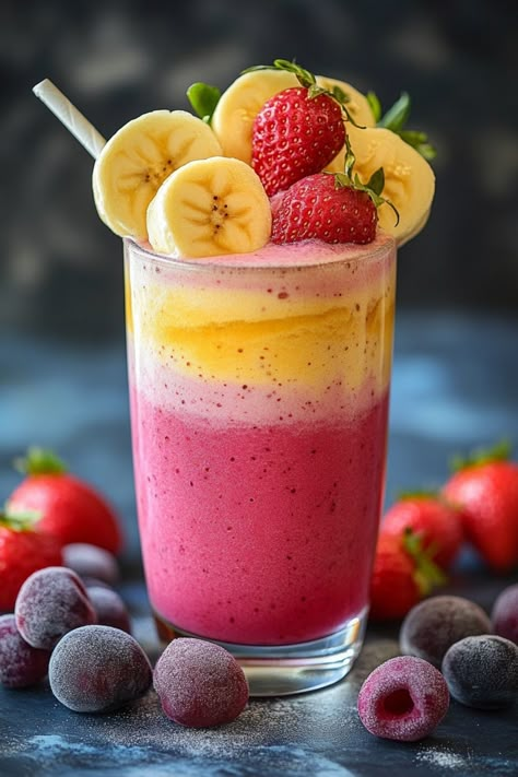 Layered fruit smoothie topped with banana slices and strawberries. Yummy Smoothie Ideas, Wake Up Smoothie, Aesthetic Smoothie Pictures, Smoothie Wallpaper, Kids Smoothie Recipes, Smoothies For Pregnancy, Smoothies For Diabetics, Smoothie Photography, Milkshake Ideas