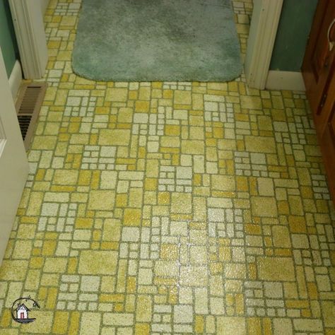 Remember this floor pattern from the swinging 70's? Check out the "before" pictures on this small bathroom remodel project. 1970’s Bathroom, 60s Bathroom Remodel, 70s Bathroom Aesthetic, 1970s Bathroom Remodel, 70’s Bathroom, Vintage Yellow Bathroom, 70s Bathroom Remodel, 1960s Bathroom, 1970s Bathroom