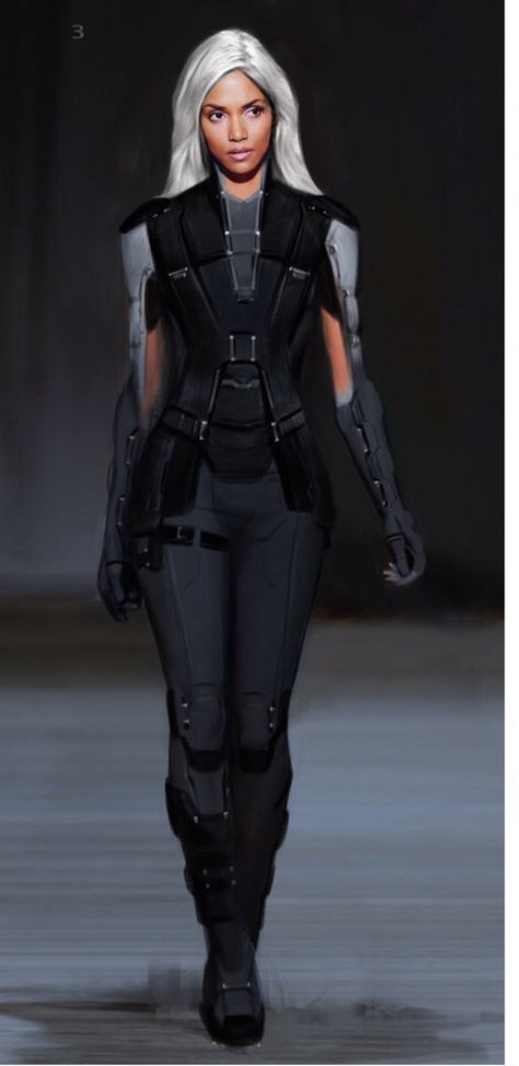 Concept art of Storm from "X-Men: Days of Future Past" (2014). Future Outfit Space, Storm Suit Design, Grey Superhero Suit Female, Fitted Futuristic Black Costume, Female Space Armor, Body Suit Armor Sci Fi Female, Futuristic Outfits, Spy Outfit, Dystopian Fashion