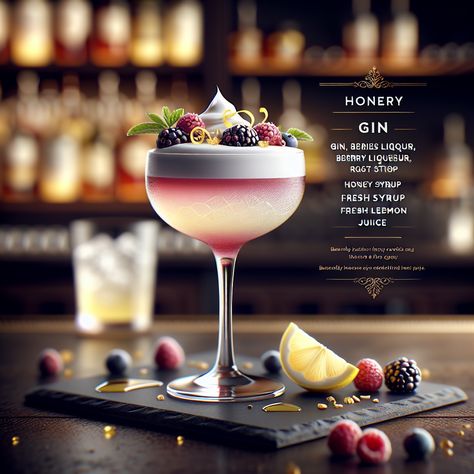 Honeyed Berry Gin Fizz, A delightful twist on the classic gin sour, a cocktail created by artificial intelligence. Boujee Cocktails, Cocktail Food Ideas, Berry Gin, Unique Alcoholic Drinks, Aesthetic Cocktails, Gin Sour, Iced Drinks Recipes, Bartender Drinks, Drink Garnishing