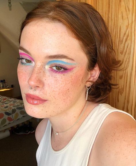 Trans Flag Makeup Looks, Masculine Pride Makeup, Pride Flags Makeup, Trans Pride Makeup Ideas, Trans Flag Eye Makeup, Trans Flag Outfit, Masc Pride Makeup, Gay Pride Makeup Ideas, Trans Makeup Looks