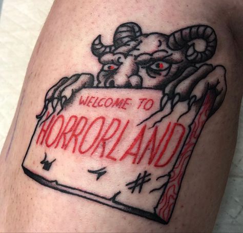 Goosebumps Tattoo Ideas, Halloween Filler Tattoo, Arm Filler Tattoo Ideas, Horror Tattoo Flash, Goosebumps Tattoo, Horror Themed Tattoos, Halloween Themed Tattoos, Welcome To Horrorland, Horror Sleeve