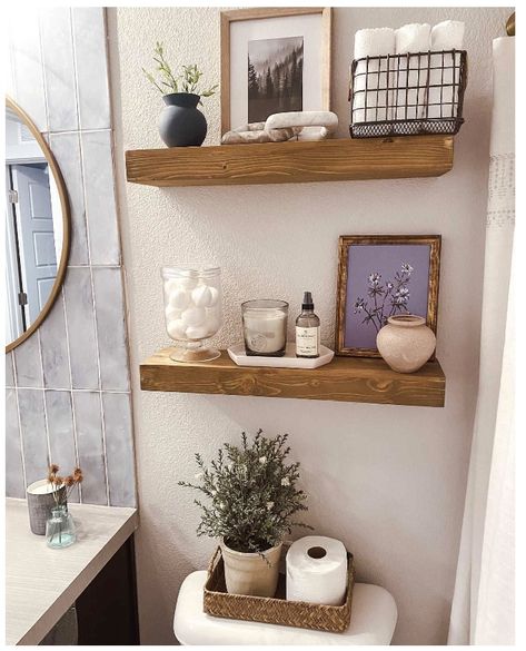 Studio Mcgee Bathroom Shelves, Mcgee Target, Neutral Bathroom Decor, Restroom Decor, Bathroom Decor Apartment, Bathroom Design Decor, Wood Floating Shelves, Bathroom Inspiration Decor, Target Finds