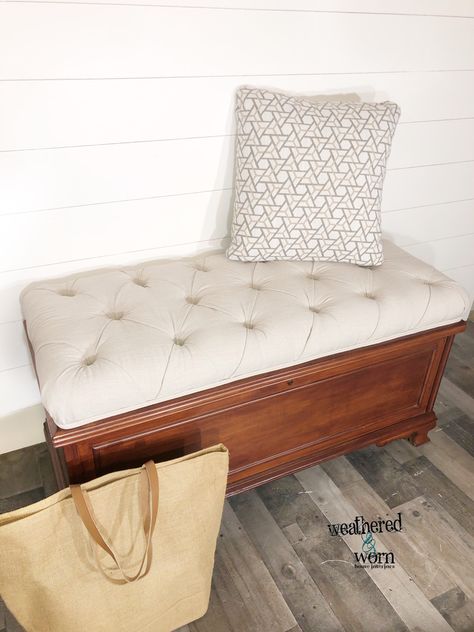 Hope Chest In Living Room, How To Decorate Top Of Hope Chest, Farmhouse Hope Chest, Storage Chest Living Room, Chest Furniture Ideas, Hope Chest With Cushion, Repurpose Hope Chest, Hope Chest Handles, Hope Chest Cover Ideas