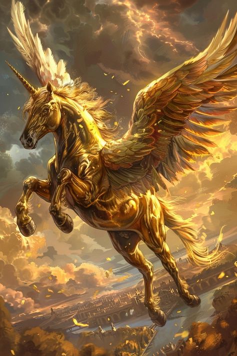 Pegasus Unicorn Fantasy Art, Mythical Horses Fantasy Art, Golden Creature, Mythical Horses, Pegasus Art, Majestic Unicorn, Flying Horse, Pegasus Unicorn, Magical Horses