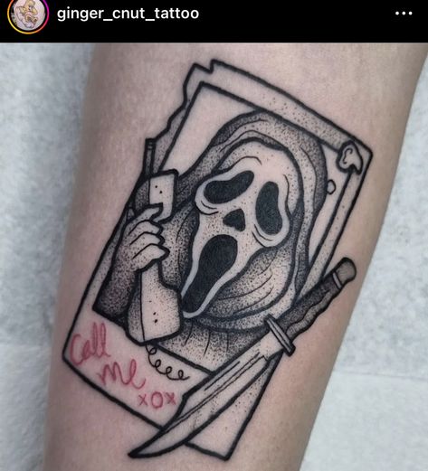 Ghost Face American Traditional Tattoo, Mini Ghostface Tattoo, Ghostface Tarot Card Tattoo, Ghost Face Tarot Card Tattoo, Horror Movie Patchwork Tattoo, Fine Line Horror Tattoo, Paranormal Tattoo Ideas, Scream Tattoo Ideas, Small Ghostface Tattoo