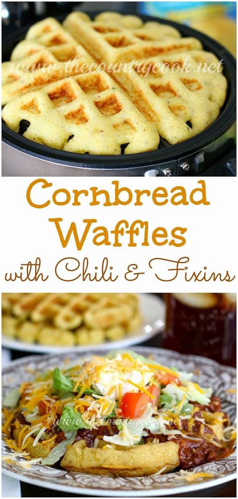 The Country Cook: Cornbread Waffles with Chili & Fixins' Cornbread Waffles, Waffle Iron Recipes, Waffle Maker Recipes, Country Cook, The Country Cook, Country Cooking, Waffle Recipes, Eat Clean, Food Trucks