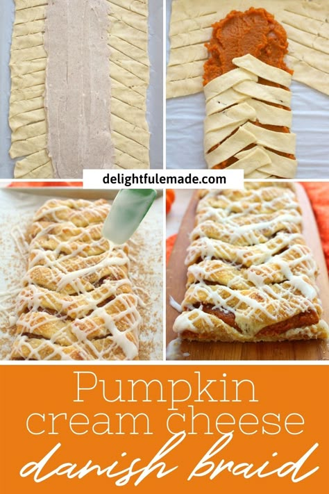 Pumpkin Cream Cheese Breakfast Braid Recipe - Delightful E Made Breakfast Braid Recipe, Pumpkin Pastry, Fancy Bakery, Breakfast Braid, Cream Cheese Puff Pastry, Cream Cheese Breakfast, Pumpkin Cream Cheese Pie, Pumpkin Breakfast, Cream Cheese Danish