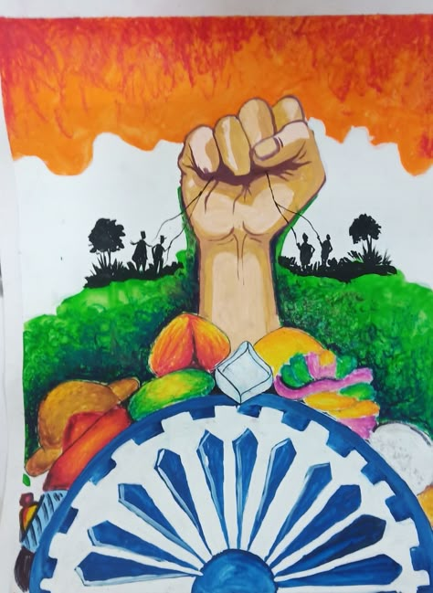 Painting of unity in india ...every religion ...made with oil pastels and poster colours ...mix medium 😄 Make In India Poster Design, India Freedom Poster, National Unity Paintings, India Related Paintings, Colours Of India Drawing, Patriotism Drawing Competition, National Unity And Solidarity Painting, Unity Of India Drawing, My India Drawing Competition