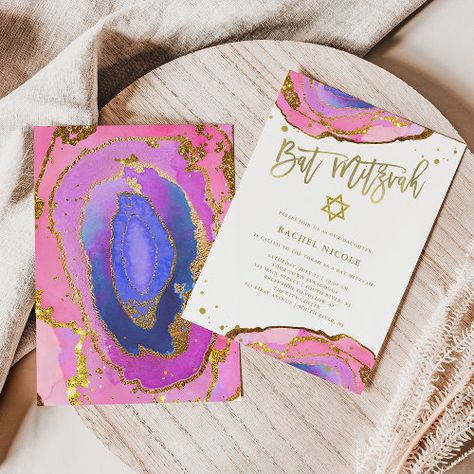 $3.08 | Pink and Blue Geode with Gold | Bat Mitzvah #polished stone, gemstone, gem, agate, modern, watercolor, handwritten script, bat mitzvah, star of david, jewish Bat Mitzvah Games, Anniversary Invitation Ideas, Watercolor Geode, Pink Bat Mitzvah, Bat Mitzvah Themes, 50th Wedding Anniversary Invitations, Mitzvah Themes, Mitzvah Invitations, Jewish Celebrations