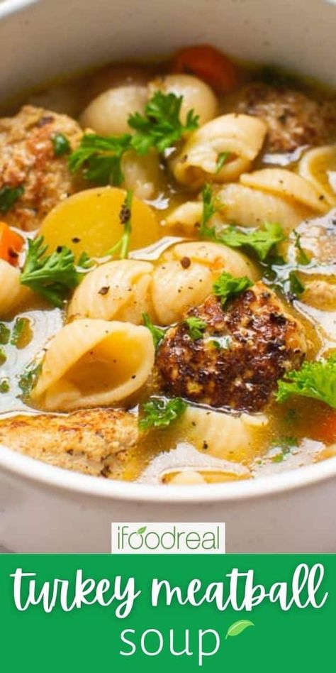 Turkey Meatball Soup Recipe with pasta and vegetables is super easy to make and is healthy. Kids love anything with meatballs, so this soup should be a crowd pleaser. Turkey Meatball Soup Crockpot, Ground Turkey Meatball Soup, Turkey Meatball Soup Recipes, Recipes With Turkey Meatballs, Best Turkey Meatballs, Pasta And Vegetables, Warming Soups, Easy Turkey Meatballs, Turkey Meatball Soup