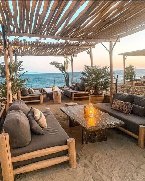 Beach Restaurant Design, Scorpios Mykonos, Beach Cabanas, Outdoor Restaurant Patio, Boho Beach House, Hut House, Bamboo House Design, Restaurant Patio, Beach Cabana