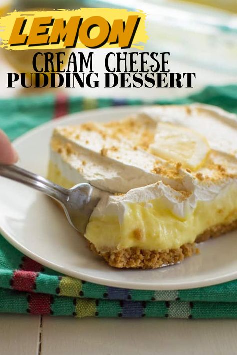 Lemon cream cheese pudding dessert is a no-bake dream! Graham crackers, lemon pudding, cream cheese and whipped topping combine in this layered lemon dessert! #amandascookin #easydessertideas Cream Cheese Pudding Dessert, Cream Cheese Pudding, Cheese Pudding, Lemon Cheesecake Bars, Cream Cheese Desserts, Lemon Cream Cheese, Cheesecake Pudding, Pudding Dessert, Lemon Dessert